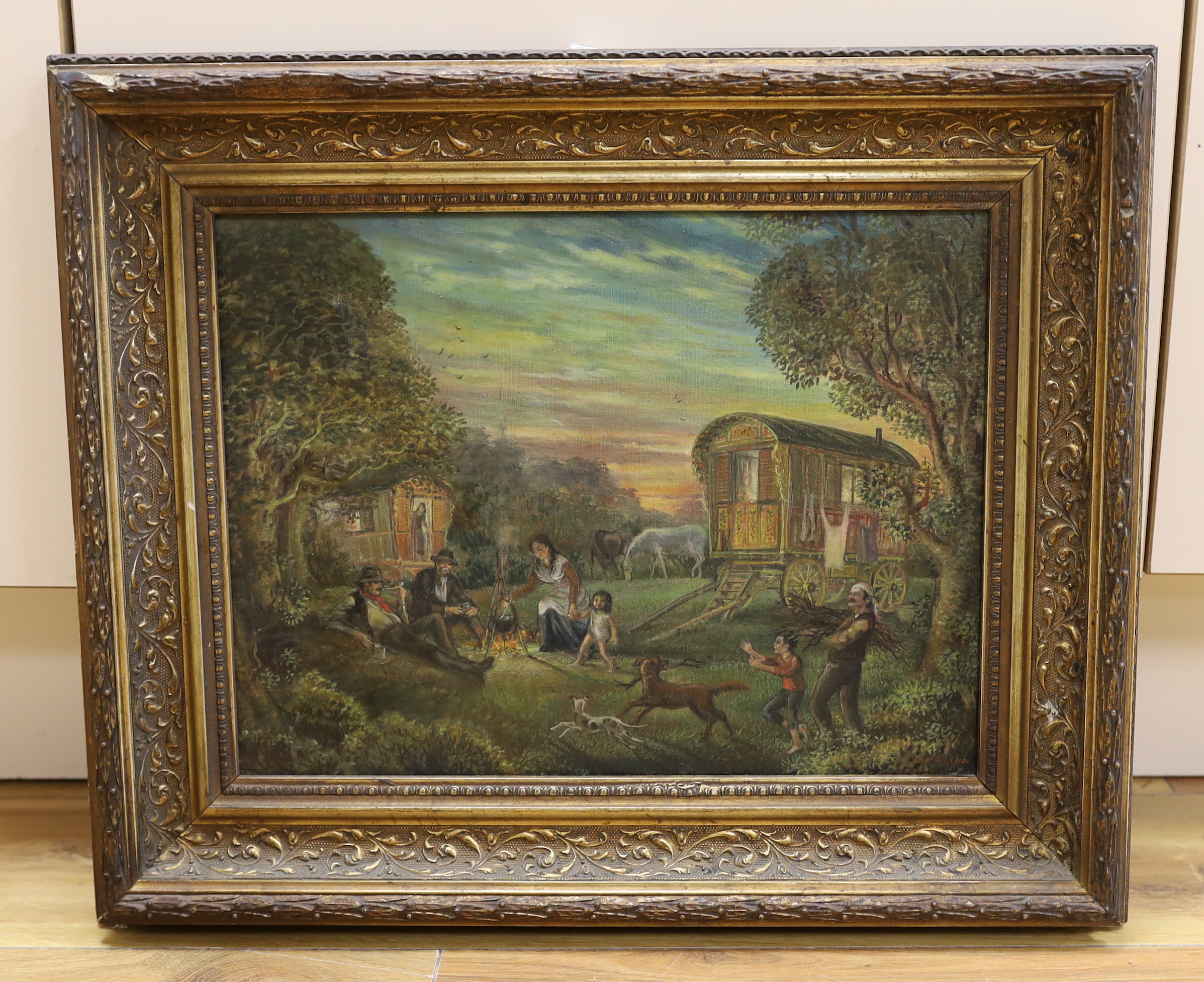 20th century English School, oil on canvas, Gypsy encampment, indistinctly signed, 34 x 26cm